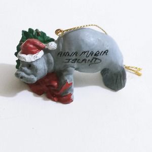 Vintage Christmas Santa Manatees Tree Ornament Holiday Presents Holly Ribbon (z)